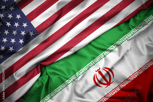 USA - IRAN Flag background. Concept: Diplomatic and Economic Relations, International Laws, Relationship between Countries. Detailed Shiny silk Fabric Background