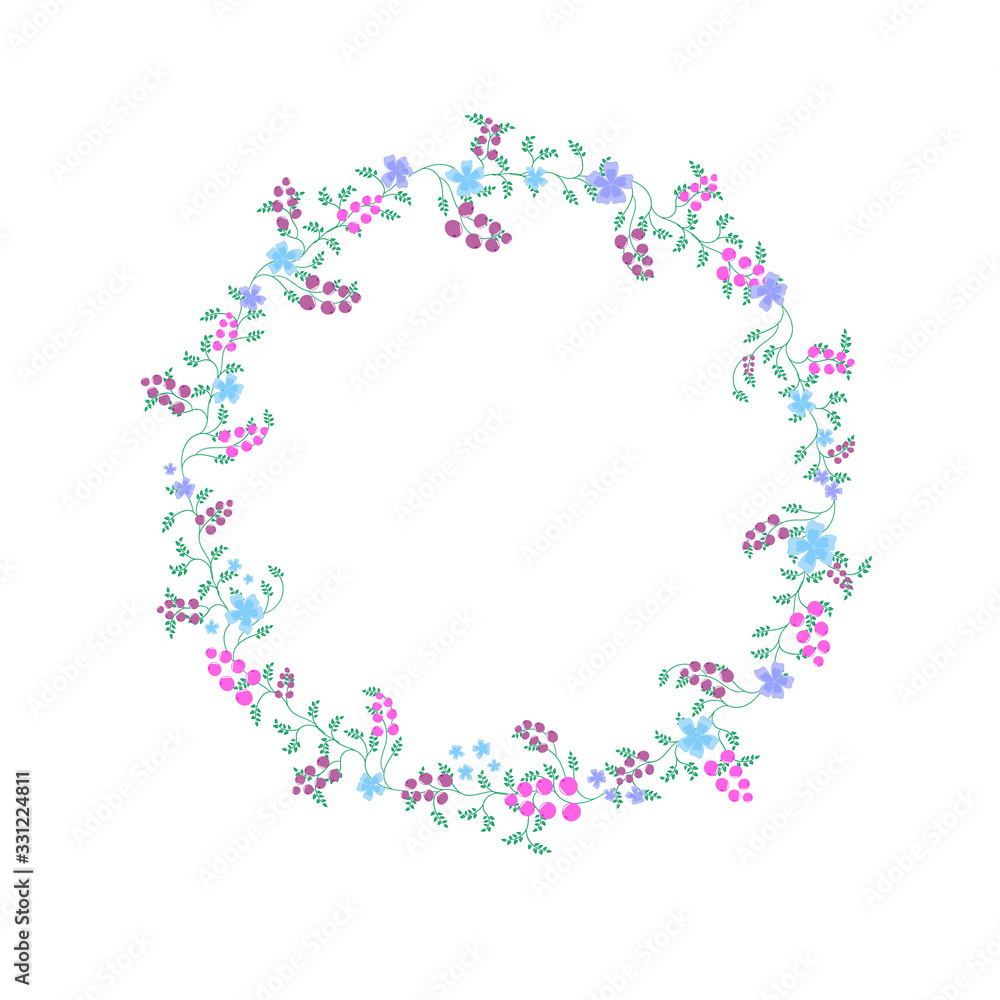 wreath of delicate flowers and green branches with berries pastel colors