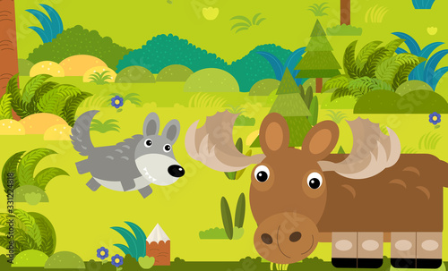 cartoon scene with different european animals in the forest illustration