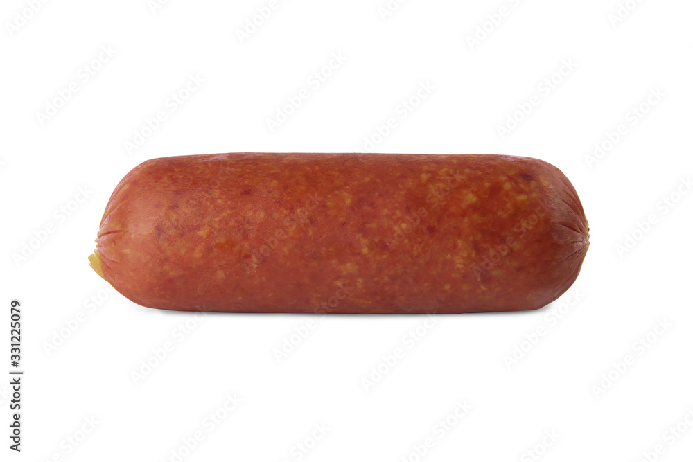Delicious smoked sausage isolated on white. Fresh meat product Delicious smoked sausage isolated on white. Fresh meat product