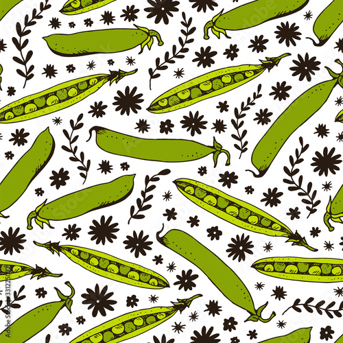 Green peas seamless pattern, hand drawn vector sketch and doodle flowers isolated on white background