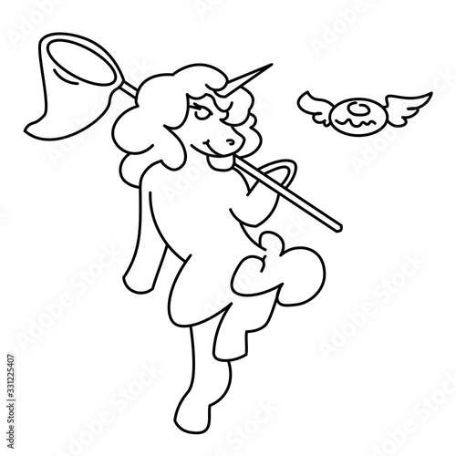 cute anthropomorphic vector unicorn with butterfly net and donut