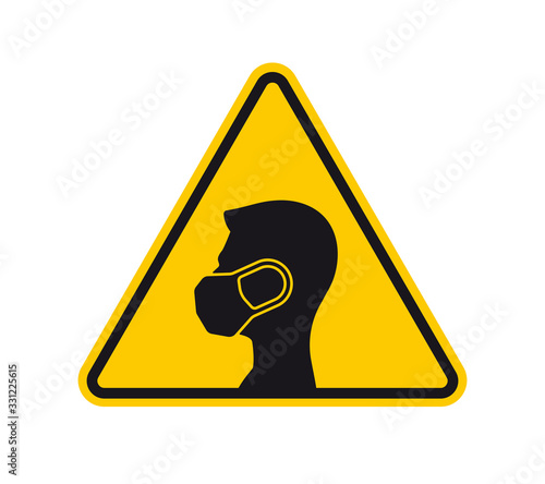 Vector yellow triangle sign - black silhouette man with medical face mask. Isolated on white background.