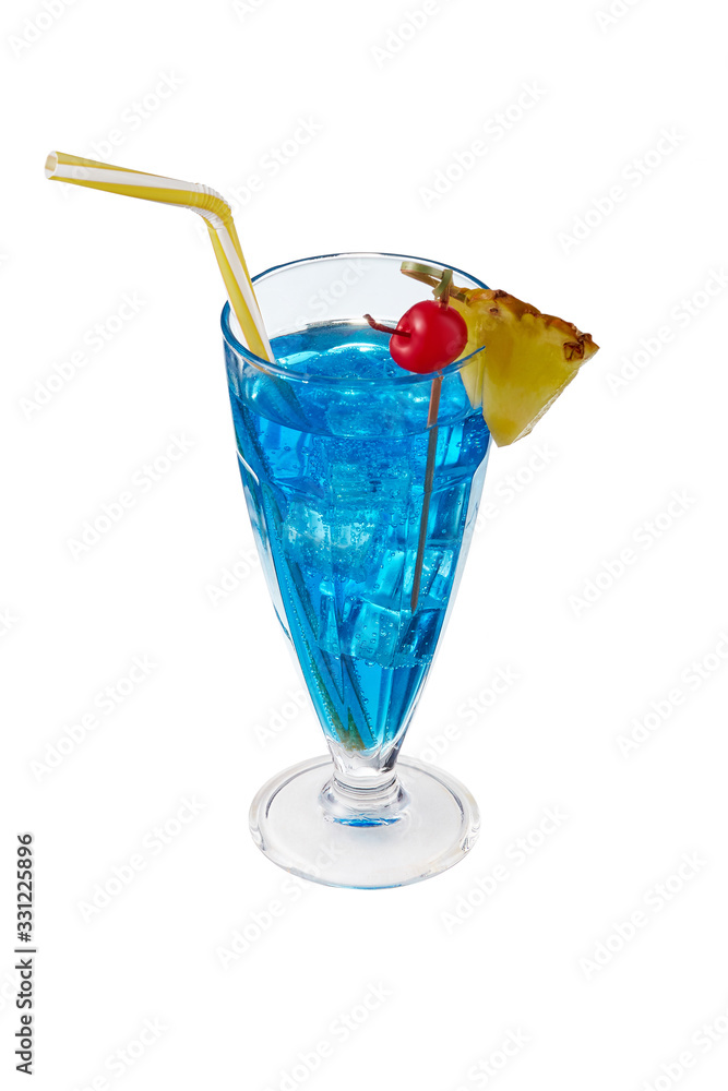 Blue Lagoon cocktail with ice cubes is contained in milkshake glass with pineapple slice on the rim, a straw and a cherry on the stick. The showy illustrative picture is made on the white background. Blue Lagoon cocktail with ice cubes is contained in milkshake glass with pineapple slice on the rim, a straw and a cherry on the stick. The showy illustrative picture is made on the white background.