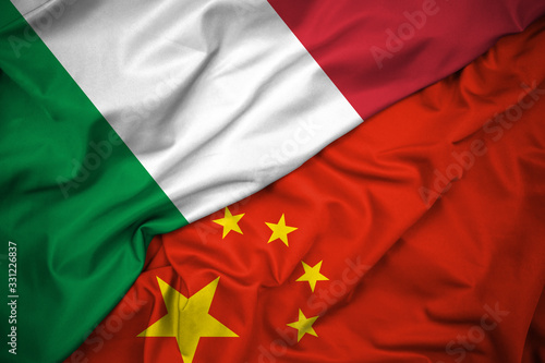 Italian and Chinese Flag Together. Diplomacy, Economy, Relationship, International Cooperation and Development Concept. Silk Fabric, Detailed Texture. Horizontal Background in High Resolution