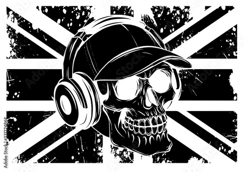 skull with headphones listening to music drawing