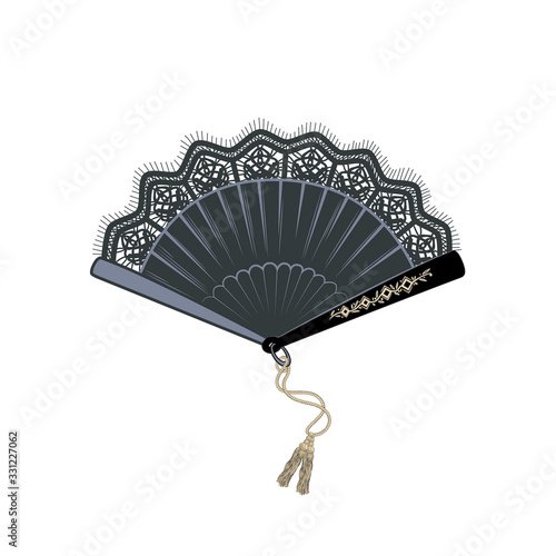 .Vintage black folding fan with lace and cord with tassels. Vector illustration. Accessory for theater, dance, shows and parties.