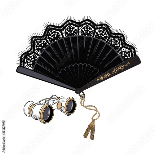 .Black lace folding fan and opera glasses. Vector illustration. Accessory for theater and shows.