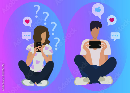 A modern illustration of a guy and a girl talking on social networks, a girl is wondering who her boyfriend is talking to