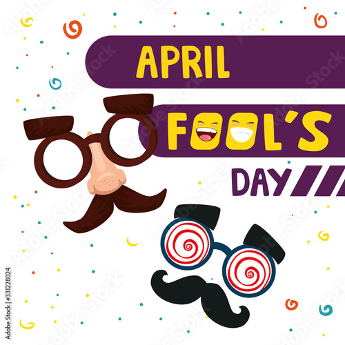 april fool day with crazy mask and icons vector illustration design