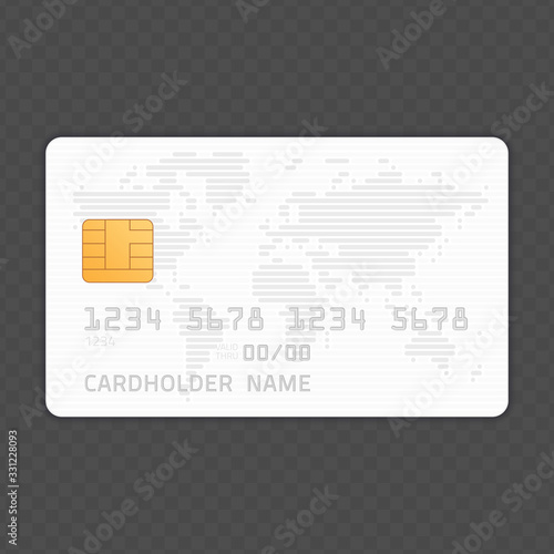 Mockup Credit Card with worlds map. Empty plastic card template isolated on transparent background. Realistic style. Business and finance concept. Vector illustration EPS 10.