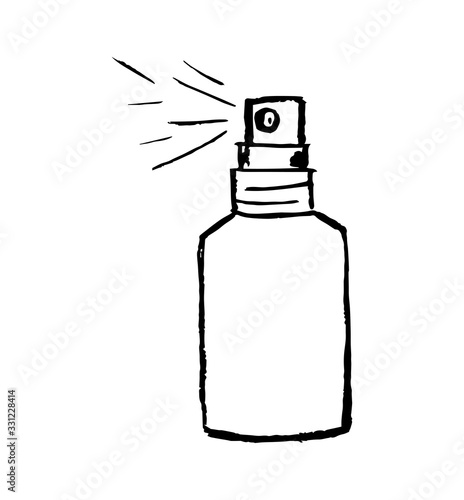 Simple vector doodle drawing in black outline on a white background. Hand disinfection, antiseptic spray in a bottle, cleansing, care, protection against germs. Sanitizer, medications.
