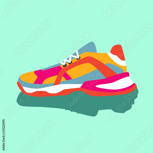 Colorful bright yellow pink blue orange sneakers. Vector flat illustration. Simple illustration of fitness and sport, gym shoe. Sign shop graphics