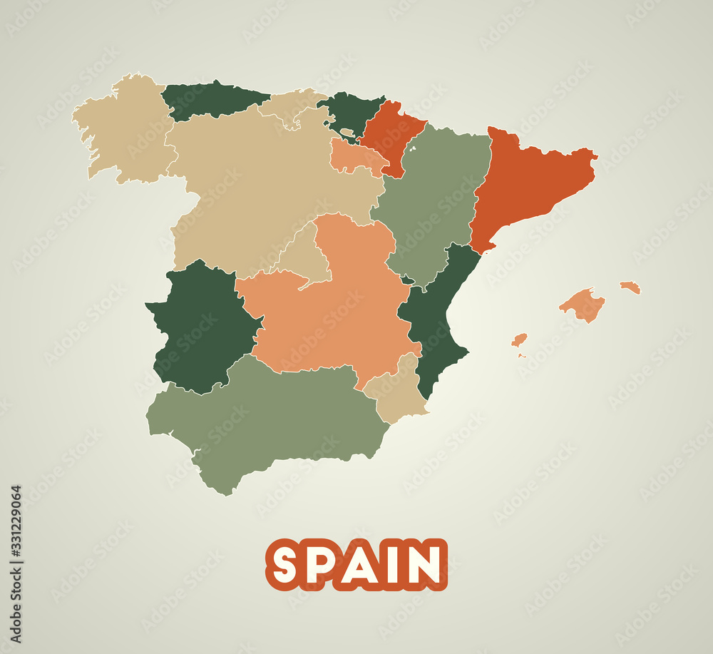 Spain poster in retro style. Map of the country with regions in autumn color palette. Shape of Spain with country name. Classy vector illustration.
