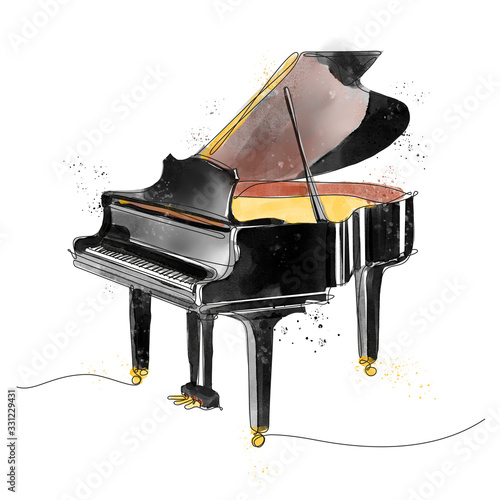 pianoforte disegnato in una singola linea continua e colorato in stile acquarello photo