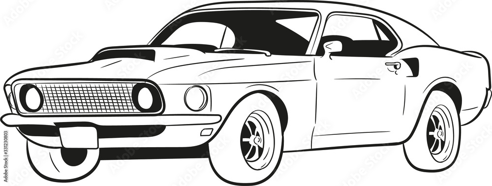 cartoon car,muscle car,american classic car,sketch