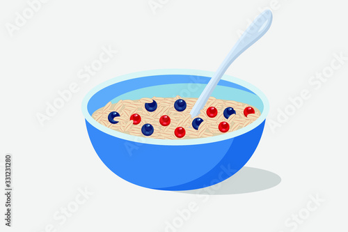 Oatmeal porridge with berries. Delicious and healthy Breakfast. Flat vector illustration. EPS 10.