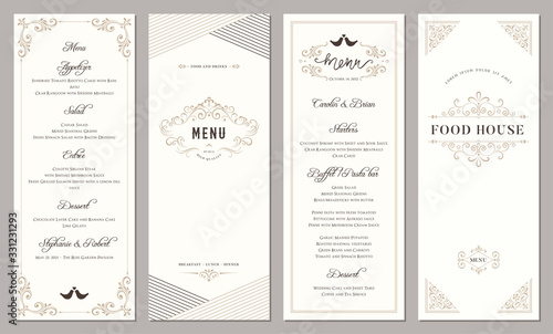 Wedding and restaurant menu. Vertical classic templates.  photo