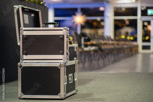 Metal cases as a transportation and storage of concert equipment.