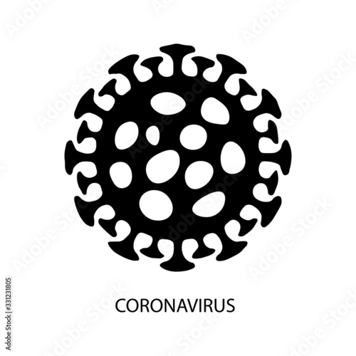 Black virus icon with text coronavirus. Pandemic medical concept with dangerous cells. Vector illustration