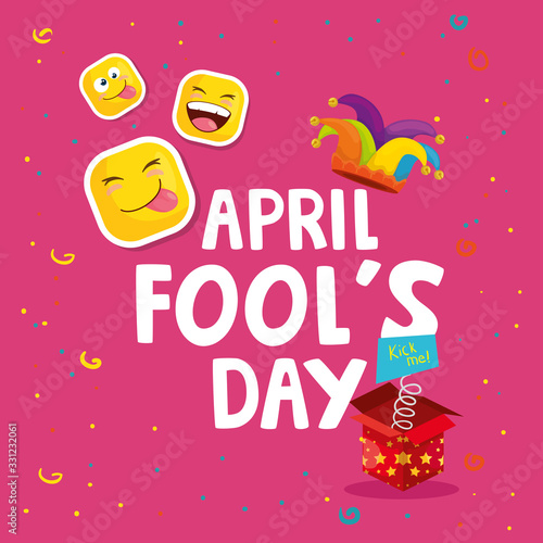 april fool day with hat jester and icons vector illustration design