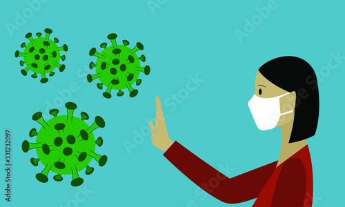 Novel coronavirus (2019-nCoV), woman in white medical face mask. Stop coronavirus. Concept of coronavirus quarantine. Vector illustration.