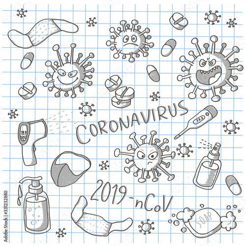 Cartoon doodle set of coronavirus monsters, thermometers, tablets and pills, soap and antiseptics. Black and white scribble on a checkered notebook sheet.
