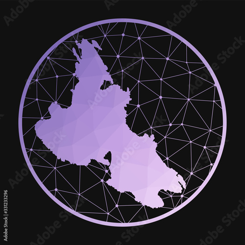 Krk icon. Vector polygonal map of the island. Krk icon in geometric style. The island map with purple low poly gradient on dark background. Technology, internet, network, telecommunication concept.
