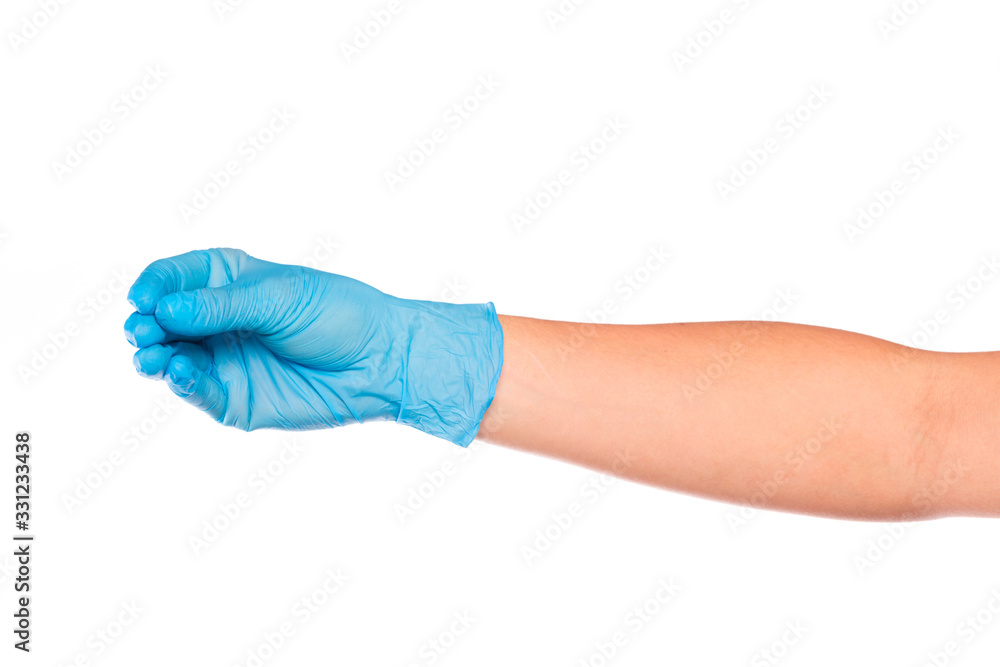 female hand in sterile gloves isolated on white background showing .hand gestures- Image female hand in sterile gloves isolated on white background showing .hand gestures- Image
