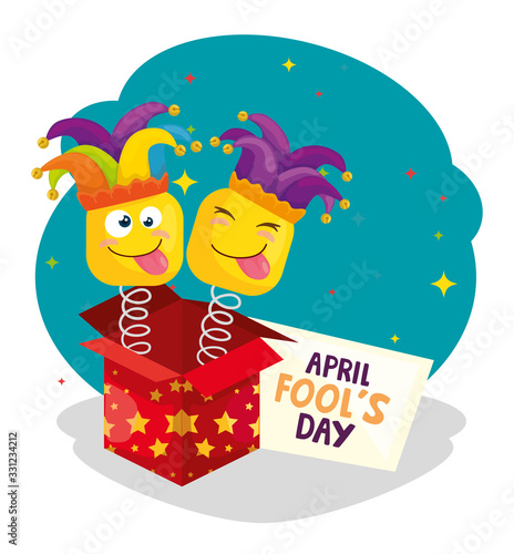april fool day with box surprise and icons vector illustration design