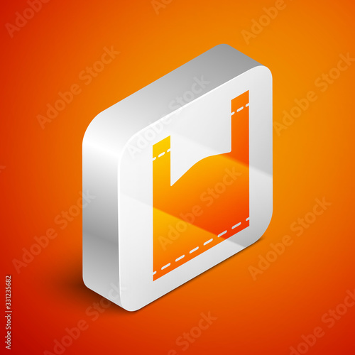 Isometric Plastic bag icon isolated on orange background. Disposable cellophane and polythene package prohibition sign. Silver square button. Vector Illustration