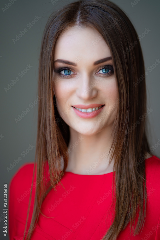 portrait beautiful girl long hair in red close-up portrait beautiful girl long hair in red close-up