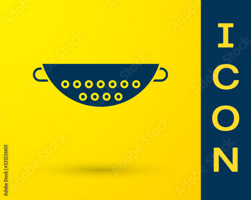 Blue Kitchen colander icon isolated on yellow background. Cooking utensil. Cutlery sign. Vector Illustration