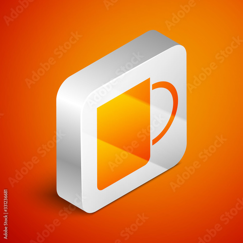 Isometric Coffee cup icon isolated on orange background. Tea cup. Hot drink coffee. Silver square button. Vector Illustration