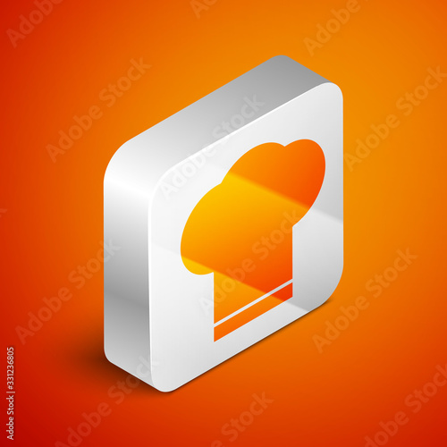 Isometric Chef hat icon isolated on orange background. Cooking symbol. Cooks hat. Silver square button. Vector Illustration