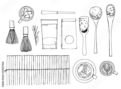 Japanese matcha tea. Sketch drawing, top view. Vector illustration on a white background.