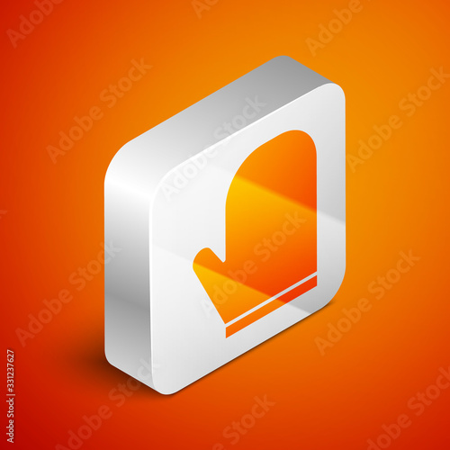 Isometric Oven glove icon isolated on orange background. Kitchen potholder sign. Cooking glove. Silver square button. Vector Illustration