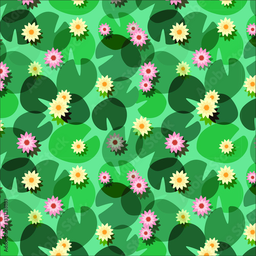 Lily Pads floral vector pattern. Trendy pattern with water lilies floating on water. Lotus pond. Floral illustration.