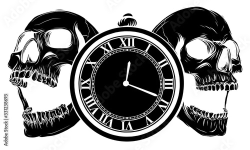 pocket watch with human skull,Time and death concept. illustration line art.