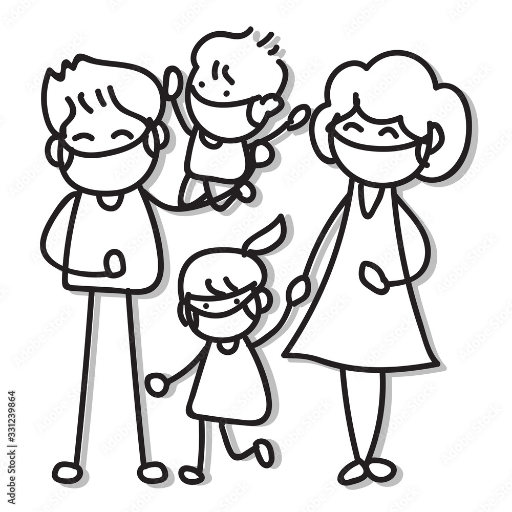 hand drawing cartoon character people in family wear mask protection from Covid-19 hand drawing cartoon character people in family wear mask protection from Covid-19