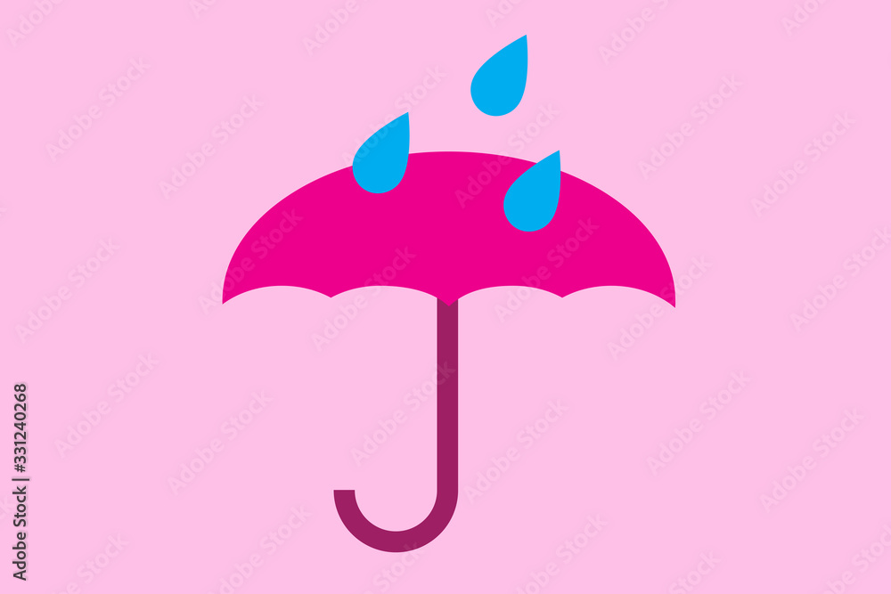 Simple illustration of a pink umbrella with raindrops isolated on light pink background. Umbrella with blue drops symbols for web site design, logo, app, UI. Weather concept Simple illustration of a pink umbrella with raindrops isolated on light pink background. Umbrella with blue drops symbols for web site design, logo, app, UI. Weather concept