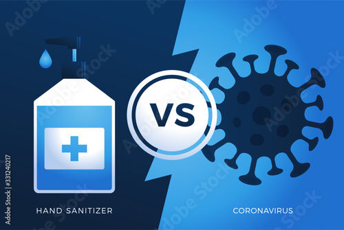 hand sanitizer gel Antivirus vs or versus coronavirus concept protection covid-19 sign vector illustration. COVID-19 prevention design background