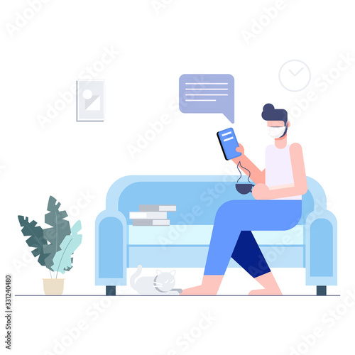 People wear mask fight covid-19. Man work from home. Corona virus outbreak pandemic. flat character. Abstract people. Health and medical.