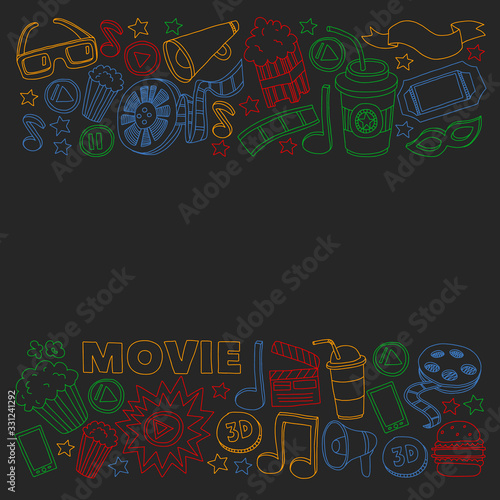 Online cinema vector icons. Background with popcorn, movie illustration, musical notes.