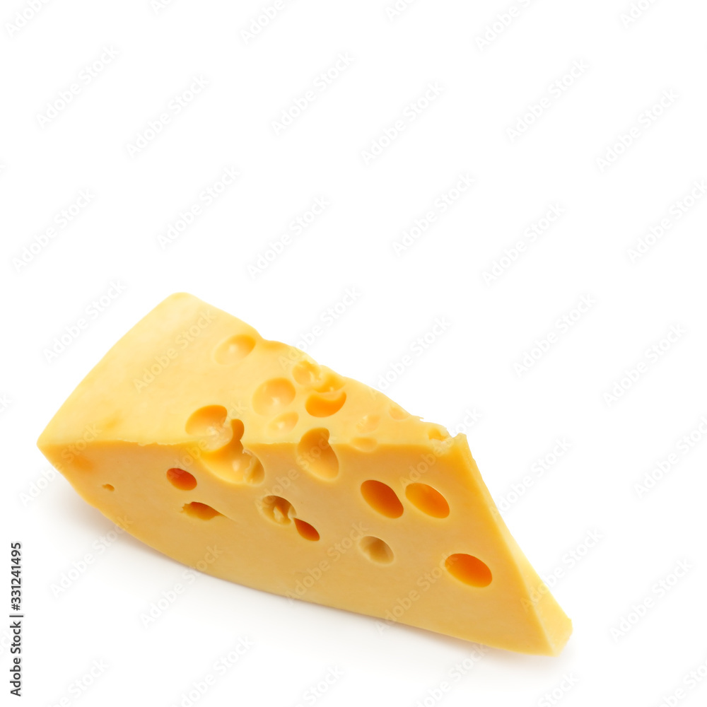 piece of cheese isolated on white background. Free space for text.