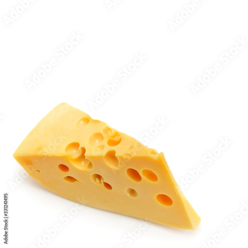 piece of cheese isolated on white background. Free space for text.