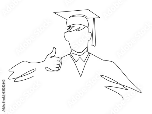 Continuous one Line Drawing of happy Graduation student vector icon isolated on white background. Male graduate in gown and graduation cap shows thumb sketch illustration