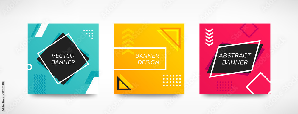 Geometric shapes square banner set. Abstract modern color background collection. Minimal elements design. For web, cover, flyer, header, page, brochure, social media. Vector illustration