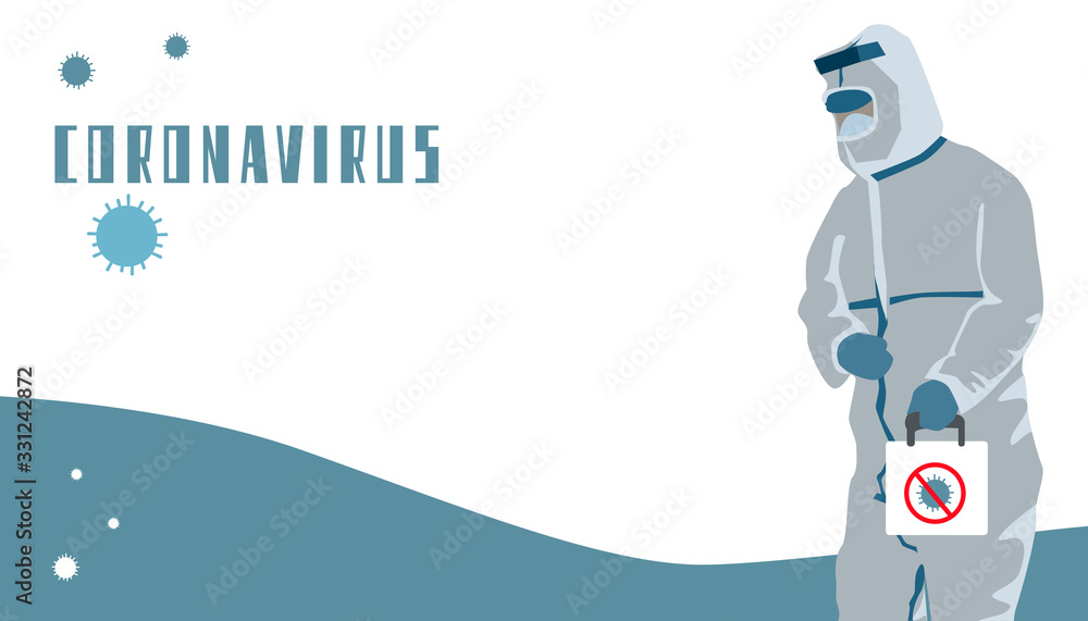Coronavirus text on white backdrop with copy space. Man in chemical protection suit for social banner, medical poster, social network warning or info card. Minimal style stock vector illustration Coronavirus text on white backdrop with copy space. Man in chemical protection suit for social banner, medical poster, social network warning or info card. Minimal style stock vector illustration