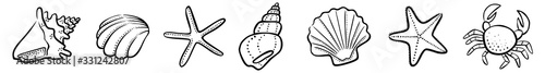 Black and white collection of sea animals / banner, vector, hand drawn, isolated